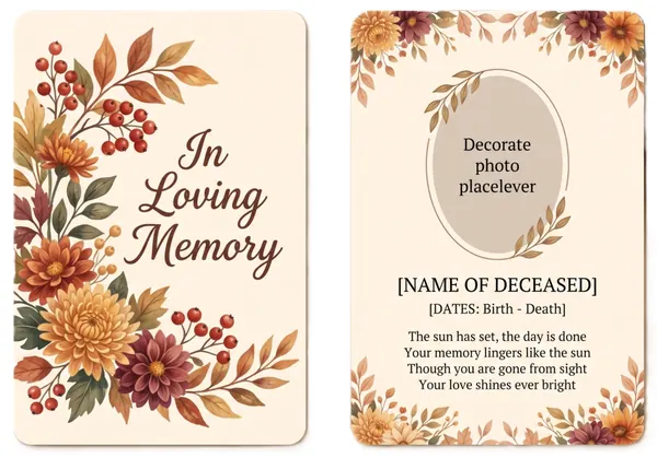 Memorial wallet card template 5 — pocket-sized laminated card with photograph and remembrance verse