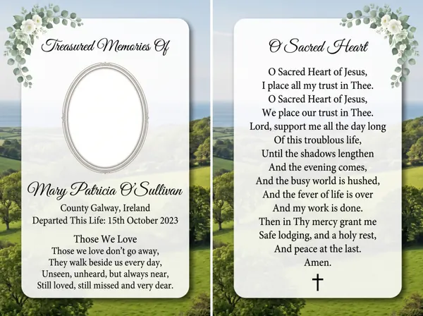 Folding memorial card template 12 — personalised Irish memorial card design with photograph, verse and decorative border