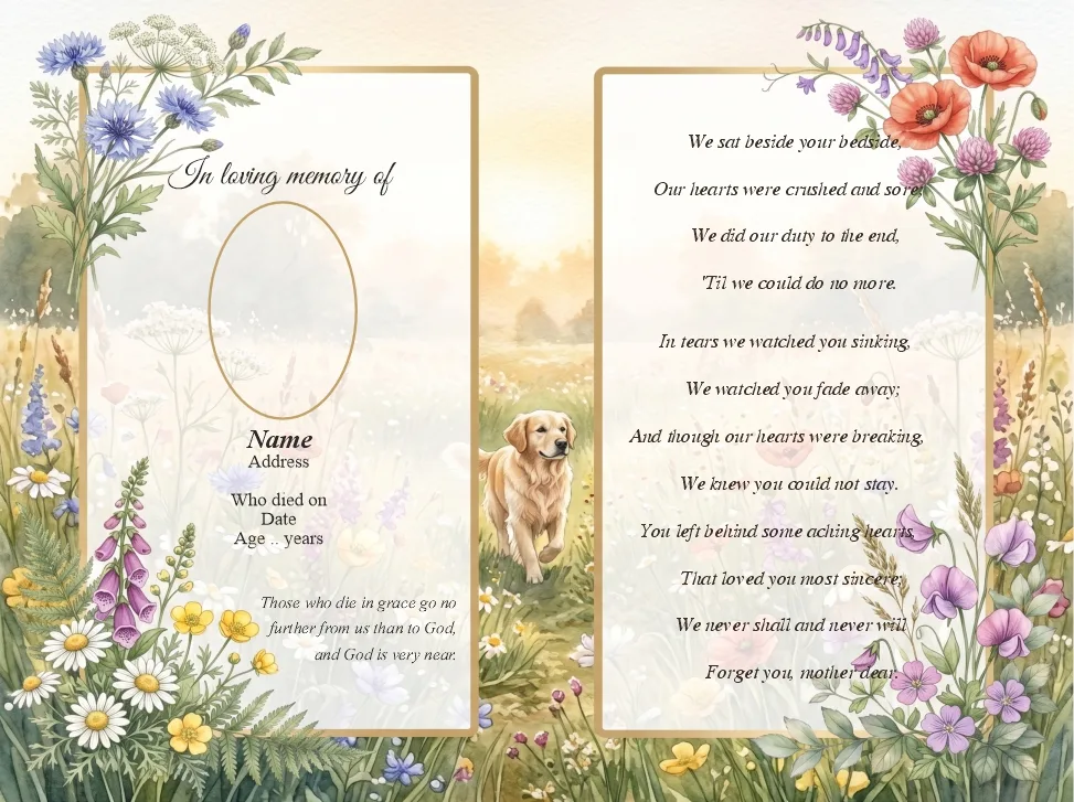 Folding memorial card template 42 — personalised Irish memorial card design with photograph, verse and decorative border