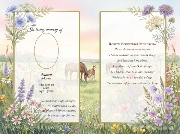 Folding memorial card template 43 — personalised Irish memorial card design with photograph, verse and decorative border