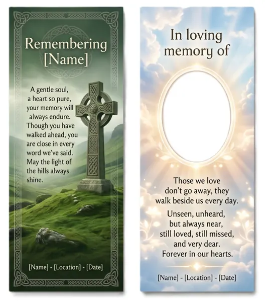 Memorial bookmark template 8 — laminated keepsake bookmark with photograph, prayer and Celtic detail