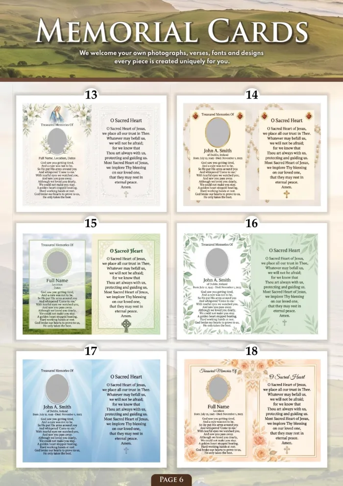 Page 8 of the Irish Memorial Catalogue — Memorial cards 13–18