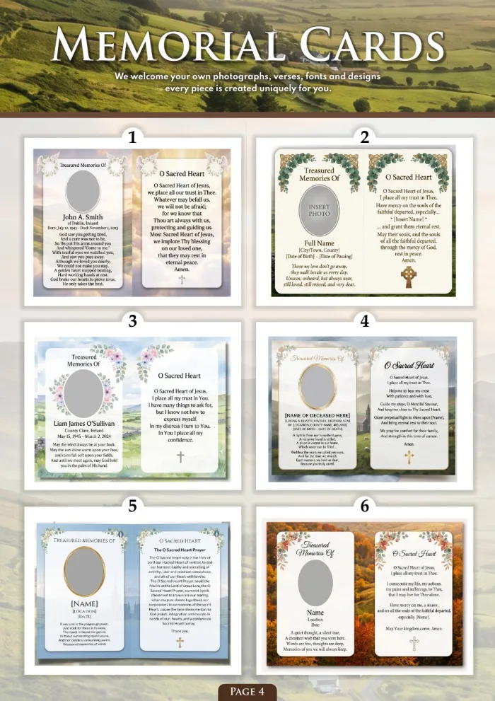 Page 6 of the Irish Memorial Catalogue — Memorial cards 1–6