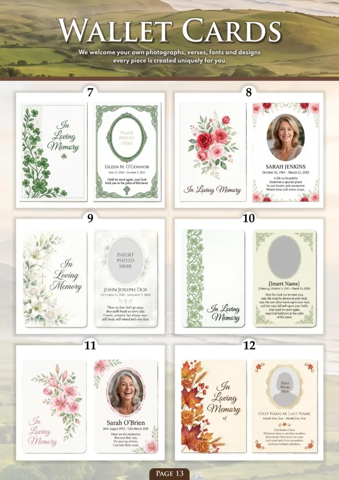 Page 15 of the Irish Memorial Catalogue — Wallet cards 7–12