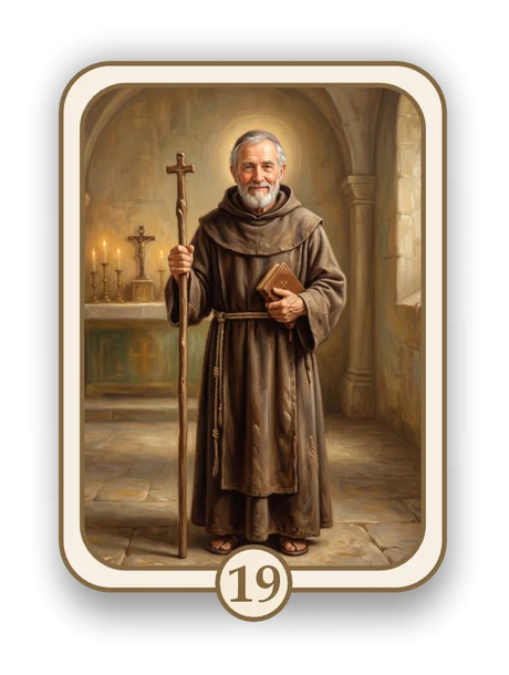 Religious 19 memorial card design — franciscan friar in a chapel
