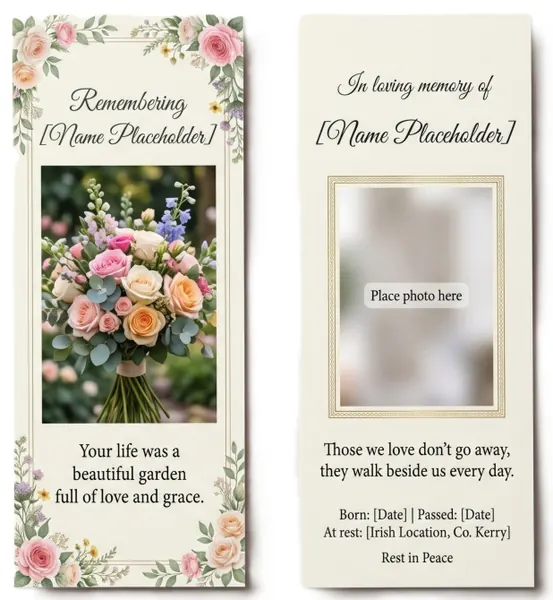 Memorial bookmark template 16 — laminated keepsake bookmark with photograph, prayer and Celtic detail