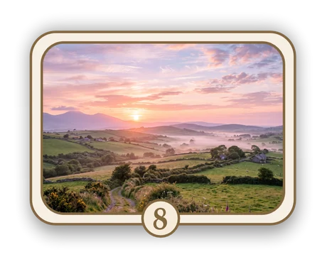 Scenic 8 memorial card design — misty green fields at sunrise