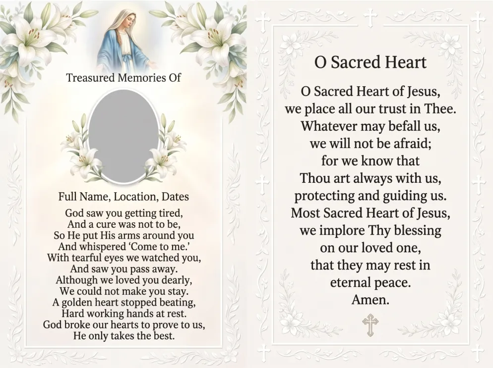 Folding memorial card template 3 — personalised Irish memorial card design with photograph, verse and decorative border