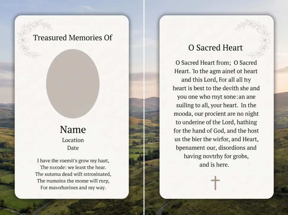 Folding memorial card template 11 — personalised Irish memorial card design with photograph, verse and decorative border