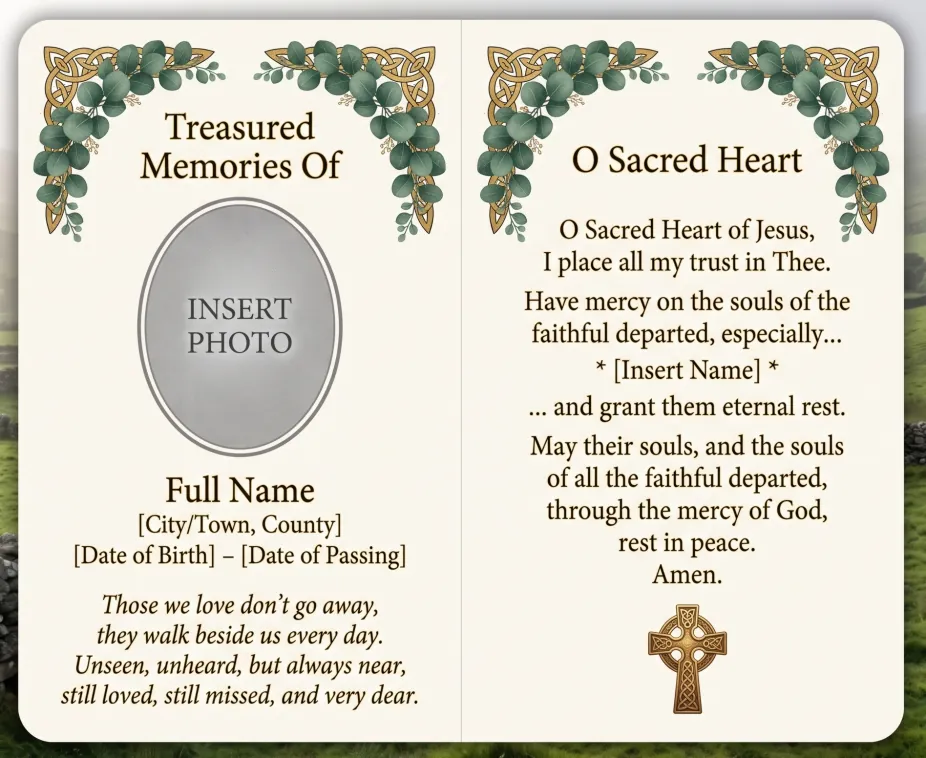 Folding memorial card template 7 — personalised Irish memorial card design with photograph, verse and decorative border