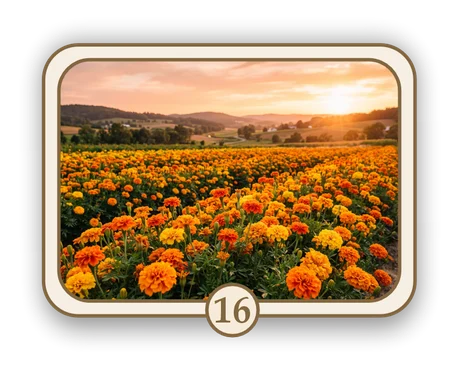Floral 16 memorial card design — field of marigolds at sunset