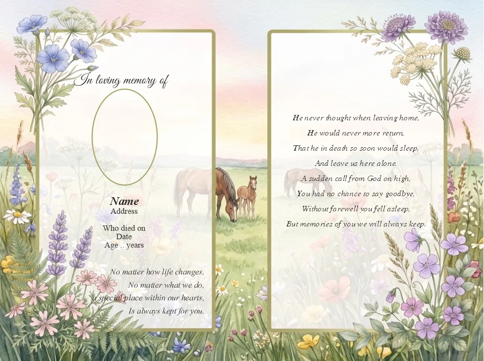 Folding memorial card template 43 — personalised Irish memorial card design with photograph, verse and decorative border