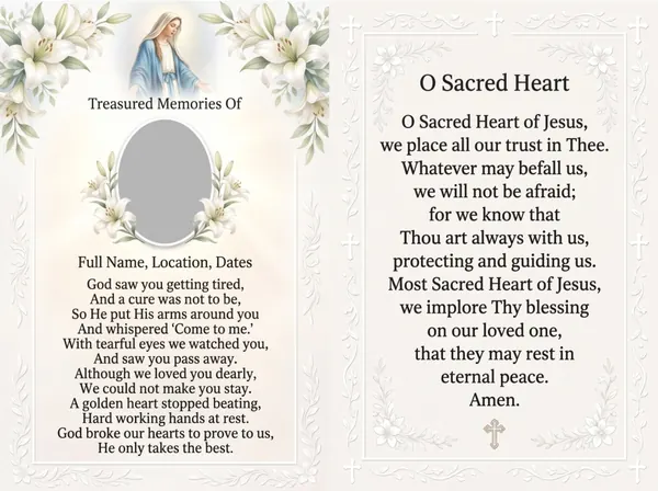 Folding memorial card template 3 — personalised Irish memorial card design with photograph, verse and decorative border