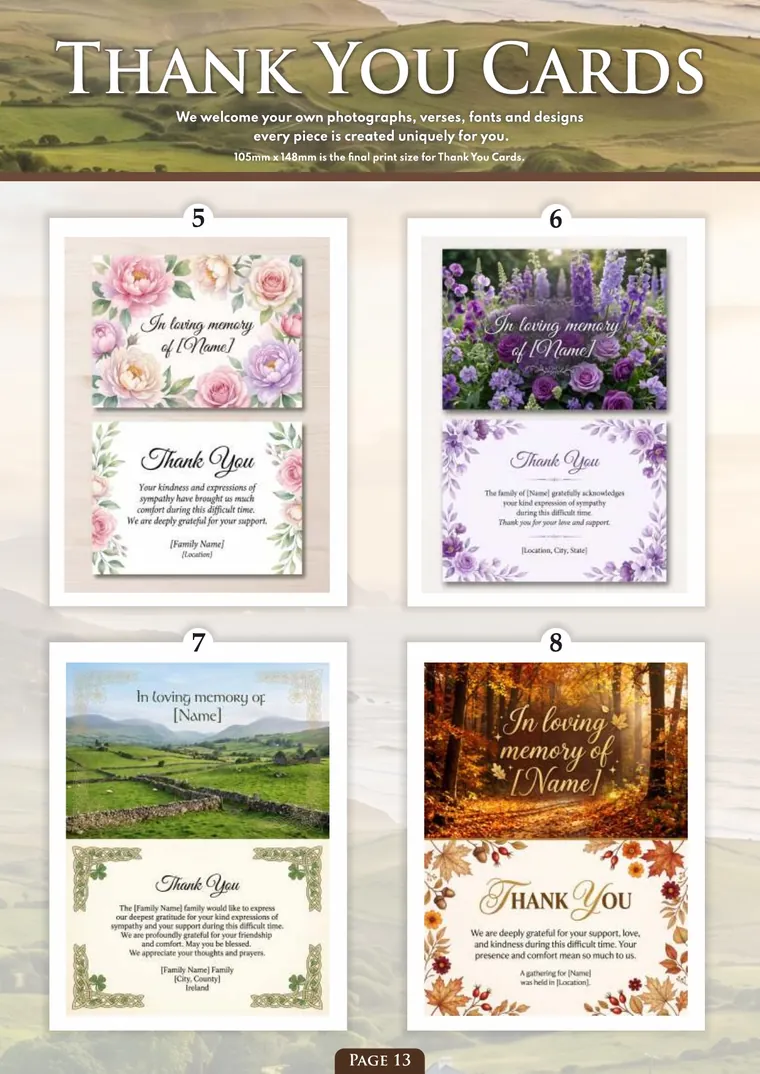 Page 15 of the Irish Memorial Catalogue — Thank you cards 5–8