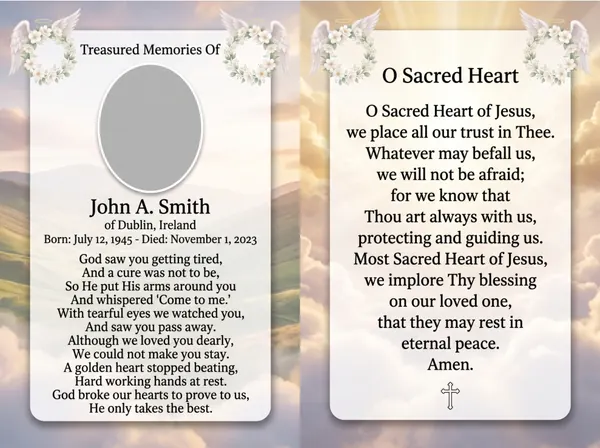 Folding memorial card template 4 — personalised Irish memorial card design with photograph, verse and decorative border