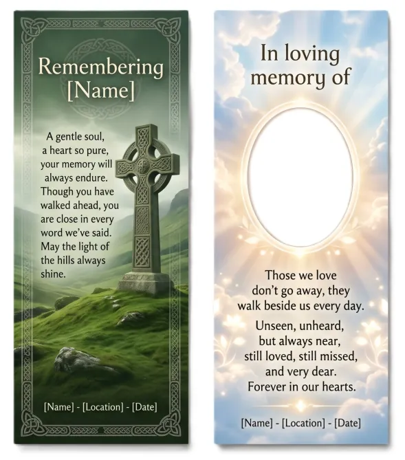 Memorial bookmark template 8 — laminated keepsake bookmark with photograph, prayer and Celtic detail