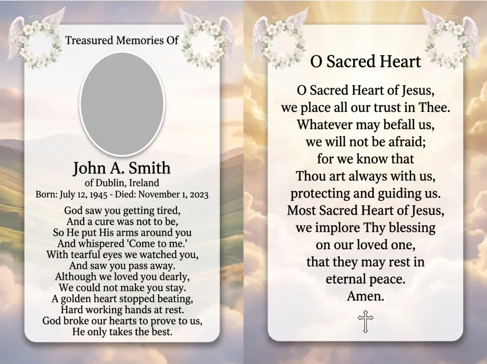 Folding memorial card template 4 — personalised Irish memorial card design with photograph, verse and decorative border