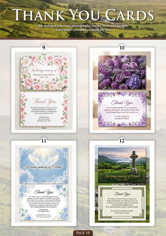 Page 12 of the Irish Memorial Catalogue — Thank you cards 9–12