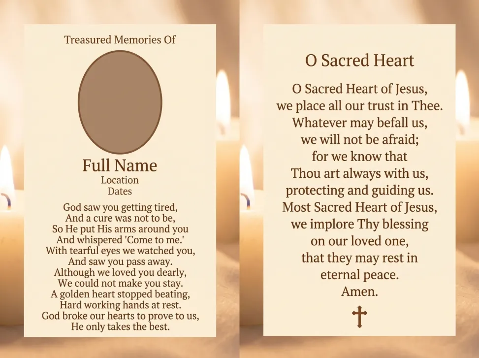 Folding memorial card template 21 — personalised Irish memorial card design with photograph, verse and decorative border