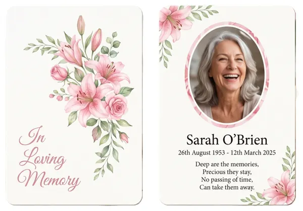Memorial wallet card template 11 — pocket-sized laminated card with photograph and remembrance verse