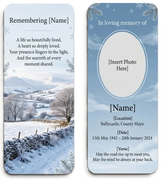 Memorial bookmark template 12 — laminated keepsake bookmark with photograph, prayer and Celtic detail