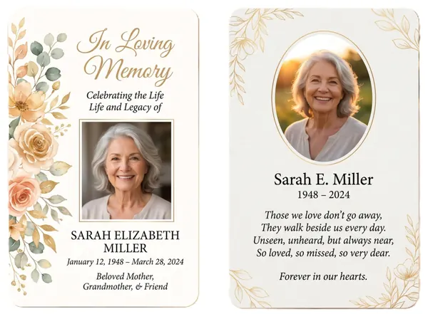 Memorial wallet card template 2 — pocket-sized laminated card with photograph and remembrance verse