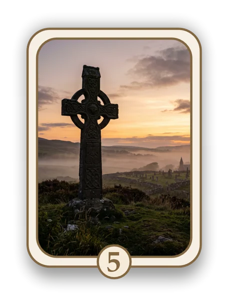 Celtic 5 memorial card design — stone high cross at sunset