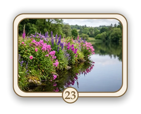 Floral 23 memorial card design — flowering riverbank in summer