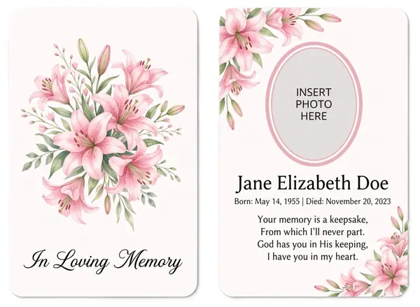 Memorial wallet card template 6 — pocket-sized laminated card with photograph and remembrance verse