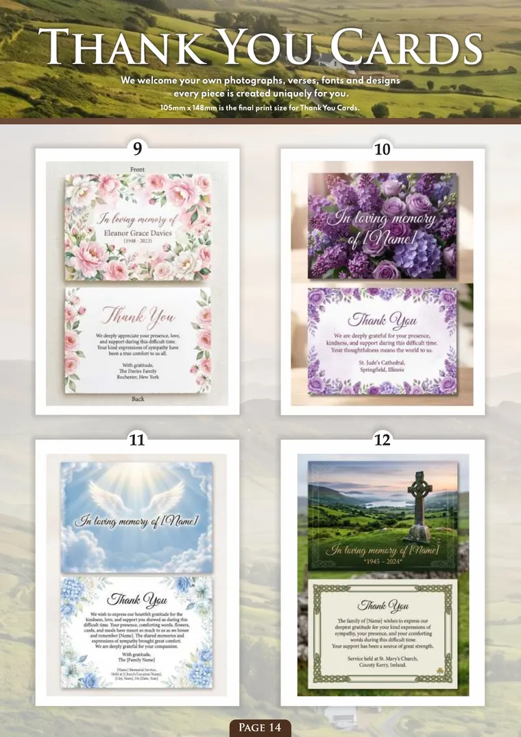 Page 16 of the Irish Memorial Catalogue — Thank you cards 9–12