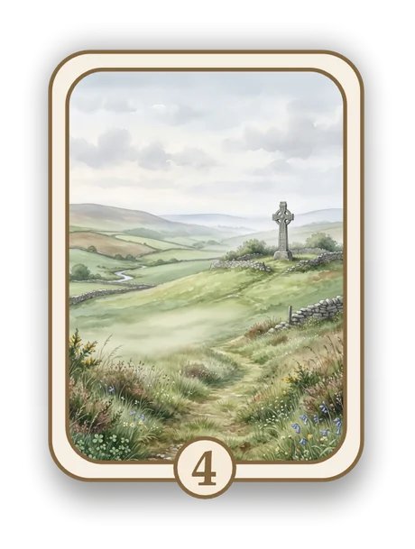 Celtic 4 memorial card design — Celtic cross above rolling farmland