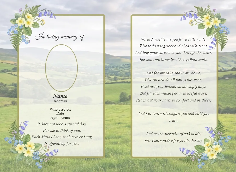 Folding memorial card template 38 — personalised Irish memorial card design with photograph, verse and decorative border