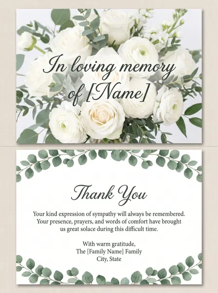 Memorial thank you card template 2 — personalised acknowledgement card with photograph and message of thanks
