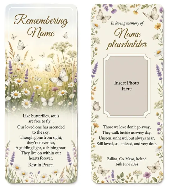 Memorial bookmark template 3 — laminated keepsake bookmark with photograph, prayer and Celtic detail