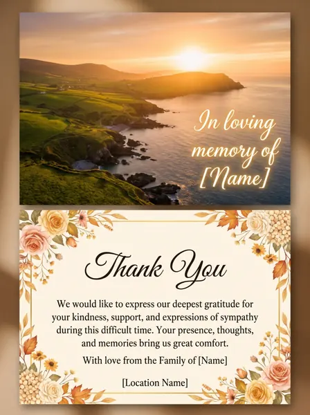 Memorial thank you card template 11 — personalised acknowledgement card with photograph and message of thanks