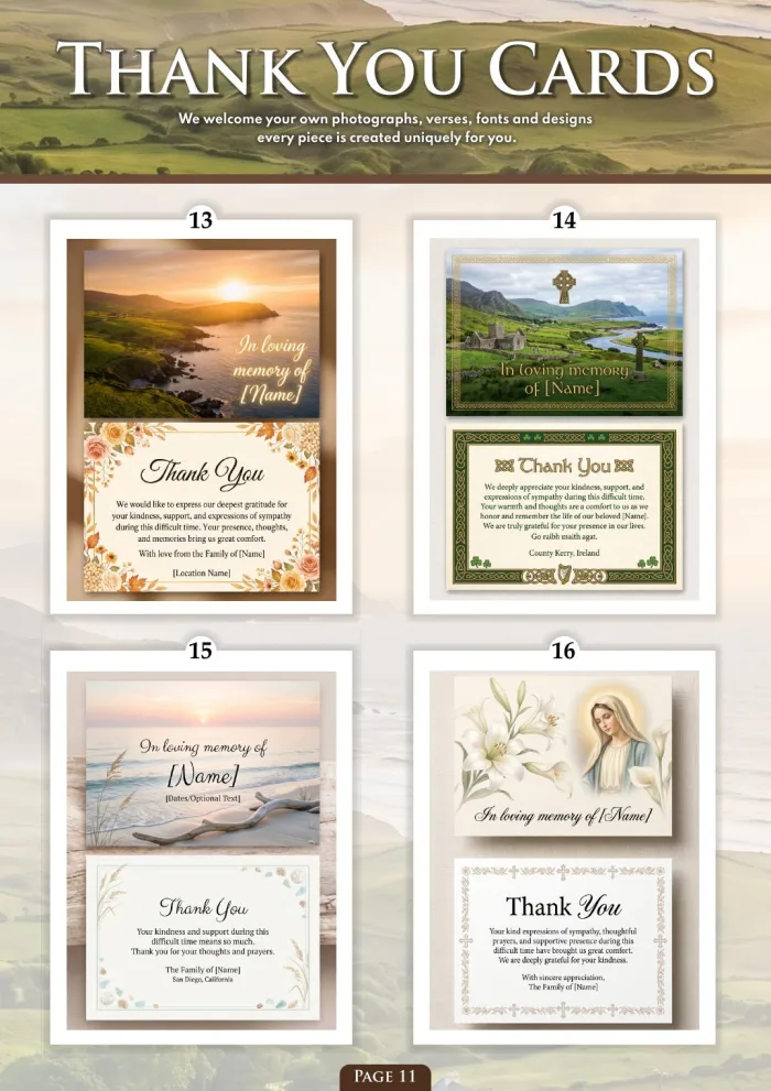 Page 13 of the Irish Memorial Catalogue — Thank you cards 13–16