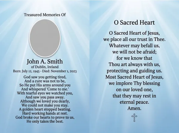 Folding memorial card template 16 — personalised Irish memorial card design with photograph, verse and decorative border