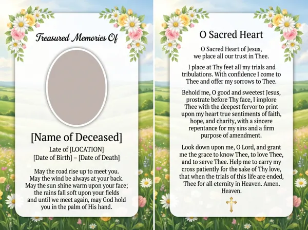 Folding memorial card template 1 — personalised Irish memorial card design with photograph, verse and decorative border