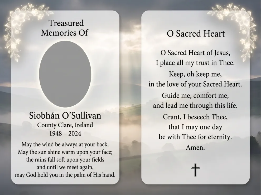 Folding memorial card template 9 — personalised Irish memorial card design with photograph, verse and decorative border