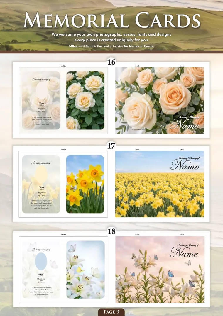 Page 11 of the Irish Memorial Catalogue — Memorial cards 16–18