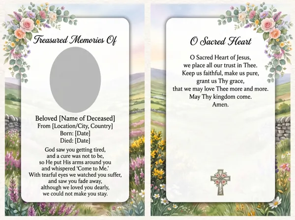 Folding memorial card template 2 — personalised Irish memorial card design with photograph, verse and decorative border