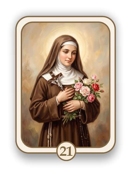 Religious 21 memorial card design — nun holding roses and a crucifix