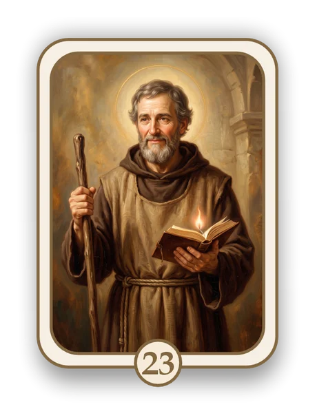 Religious 23 memorial card design — friar with a staff and open book