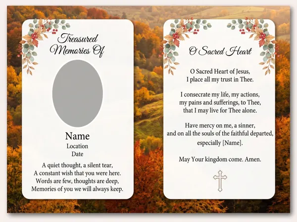 Folding memorial card template 8 — personalised Irish memorial card design with photograph, verse and decorative border