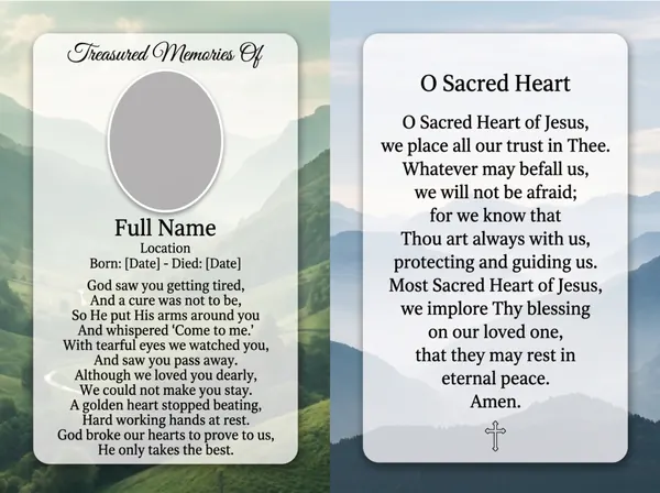 Folding memorial card template 19 — personalised Irish memorial card design with photograph, verse and decorative border