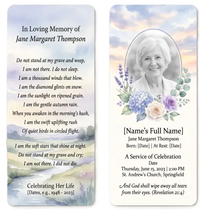 Memorial bookmark template 10 — laminated keepsake bookmark with photograph, prayer and Celtic detail