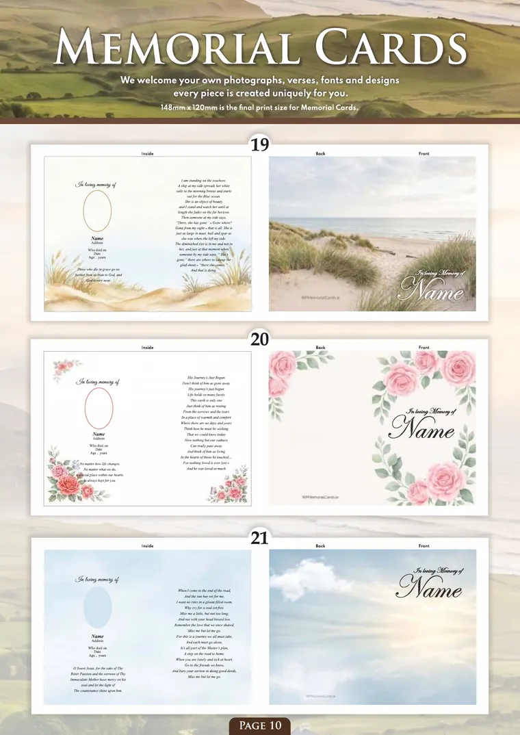 Page 12 of the Irish Memorial Catalogue — Memorial cards 19–21