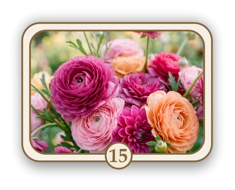 Floral 15 memorial card design — ranunculus and dahlia posy