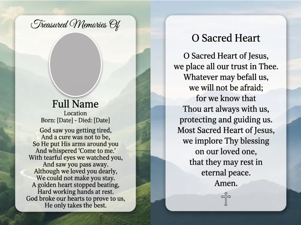 Folding memorial card template 19 — personalised Irish memorial card design with photograph, verse and decorative border