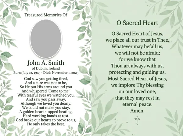 Folding memorial card template 15 — personalised Irish memorial card design with photograph, verse and decorative border
